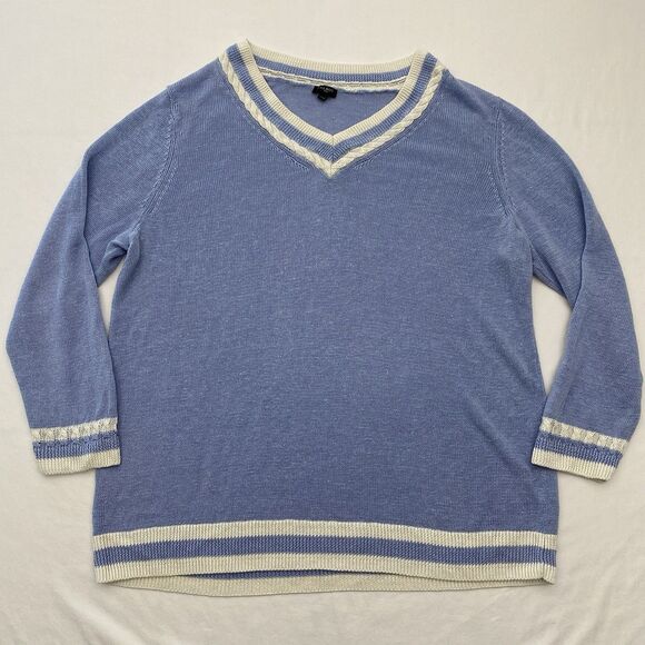 Talbots Linen Sweater Blue V Neck Knit Lightweight Academia Preppy Womens 2X - Picture 1 of 7